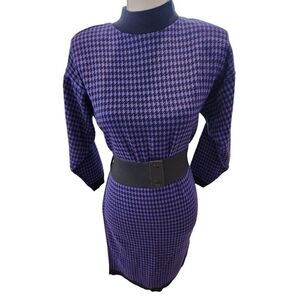 Vintage 80s Spago Knits Purple Black Check Kint Sweater Dress L Belted